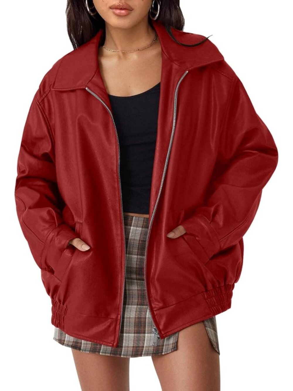 Women's Red Oversized Faux Leather Fall Winter Biker Moto Bomber Jacket